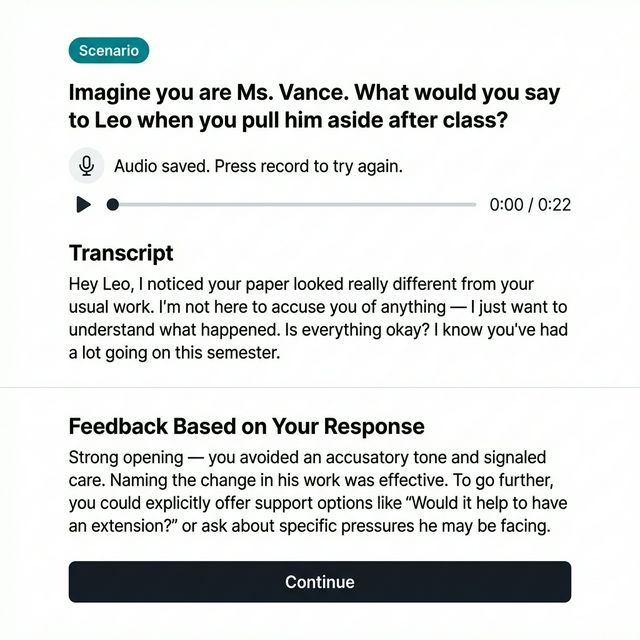 Scenario player with text, audio, and multiple choice prompts