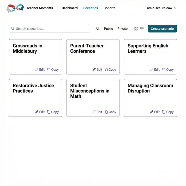 Scenario library with searchable card grid